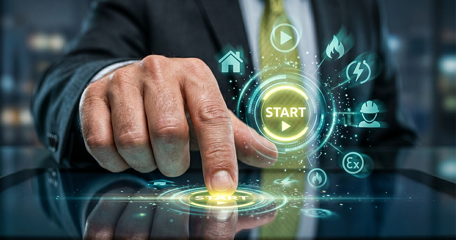 Symbolbild für den Wechsel von der Lagler Immobiliensoftware zu immoprofessional: Finger drückt einen digitalen Start-Button für eine einfache Softwaremigration
