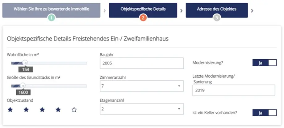 Immobilienbewertungs-Leadgenerator Screenshot zur Abfrage der objektspezifischen Details.