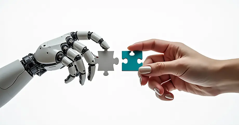 Eine Roboterhand und eine menschliche Hand arbeiten zusammen und tauschen ein Puzzleteil aus. Diese Interaktion symbolisiert die Verschmelzung von Technologie.