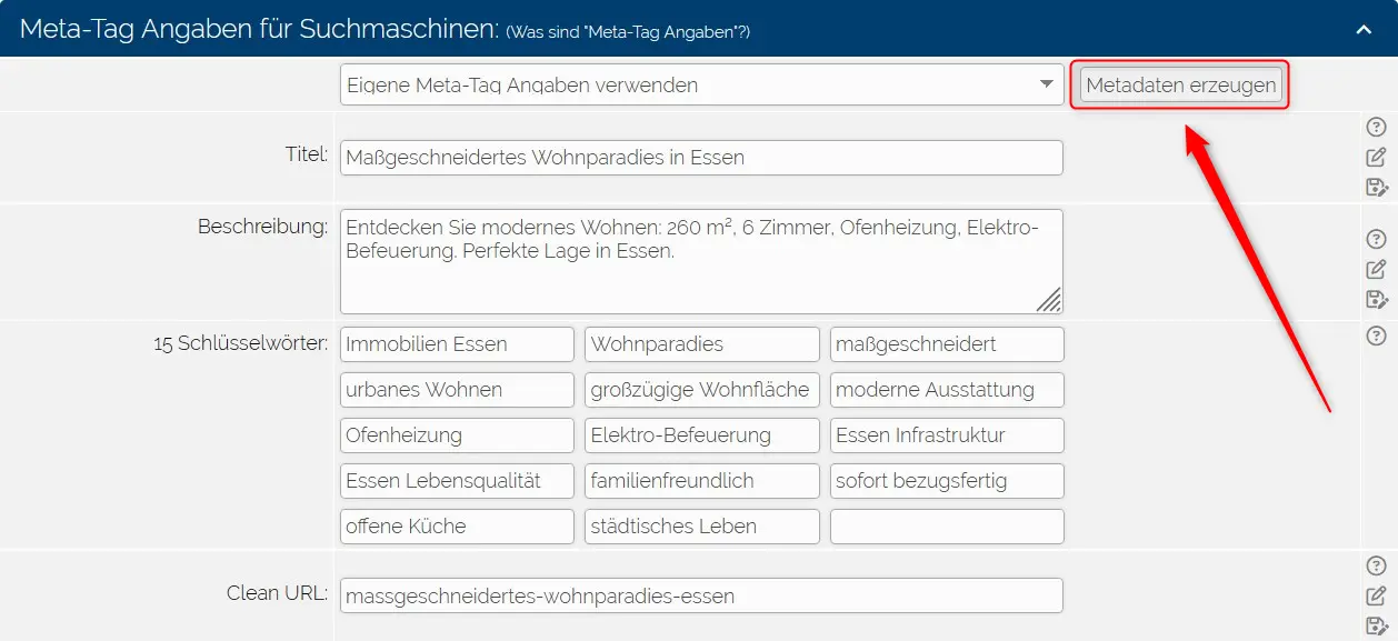 Screenshot aus immoprofessional: Automatische Meta-Tag-Erstellung per KI mit Titel, Beschreibung, Keywords und Clean-URL für ein Immobilienangebot