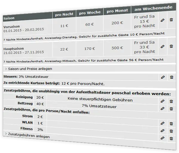 Eingabemaske für Saisons, Preise, Steuern und Zusatzkosten