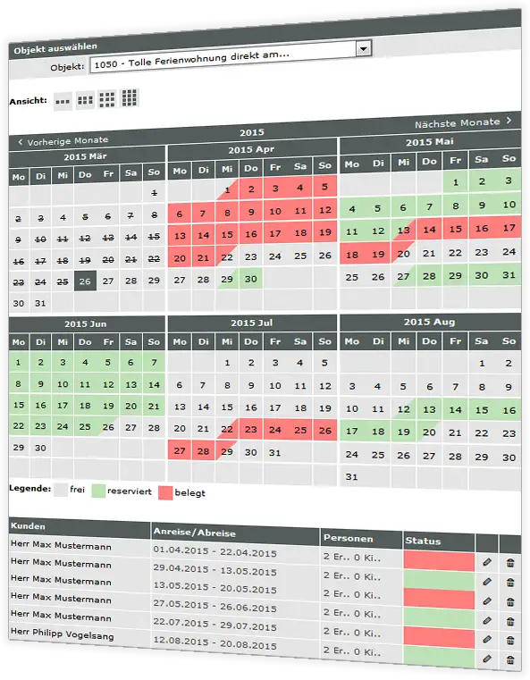 Belegungskalender mit freien, reservierten und belegten Tagen sowie Belegungsliste