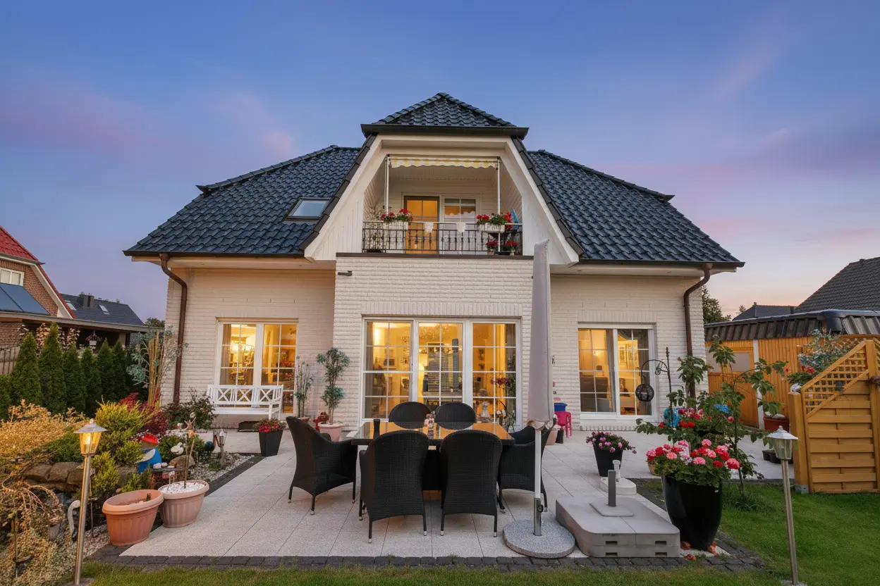 Einfamilienhaus nach dem KI-Homestaging in Abendstimmung